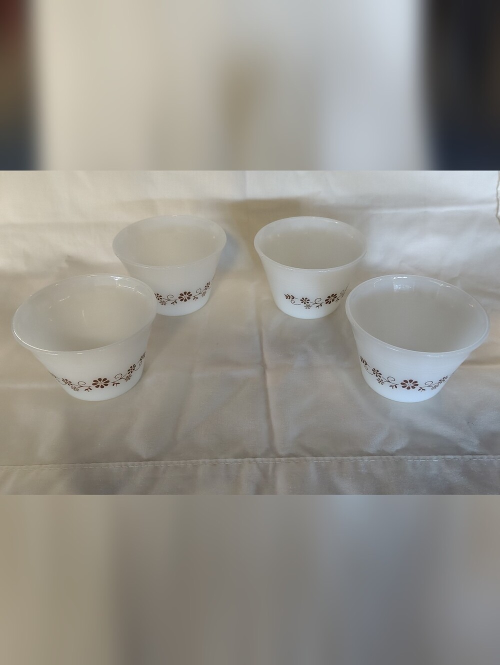 Vintage 60s Dinaware  milk glass with brown floral pattern custard cups set of 4